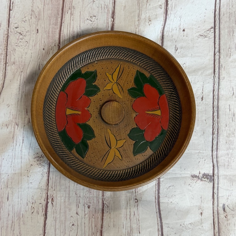 Antique Carved Wood Hand Turned Lacquered Snack Bowl